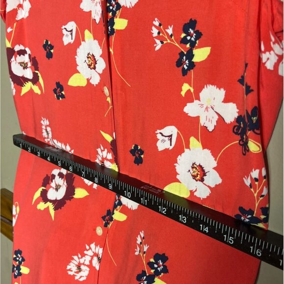 Gap Midi Dress A-line Coral Bold Tropical Floral Button Up Rayon Shift Womens M - Picture 6 of 10